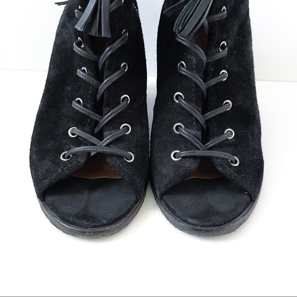 Frye Danica Black Suede Lace Up Ankle Boots Open Toe - Picture 3 of 9